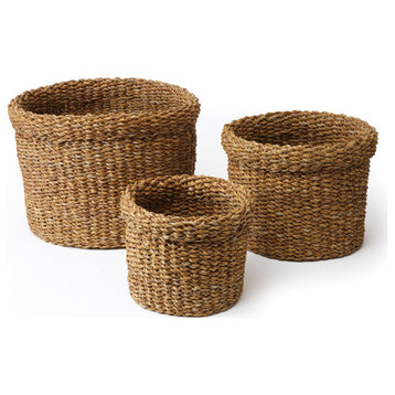 Seagrass Round Baskets With Cuffs, Set of 3