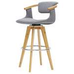 New Pacific Direct - Darwin Fabric Bamboo Bar/ Counter Stool, Stokes Gray, Counter Stool - Darwin 360-degree-swivel counter stool with bamboo legs is a first-rate example of how classic forms evolve to become modern-day favorites. In the tradition of iconic Mid-Century Modern design, this open, airy chair's shell is made from bent wood; it's upholstered in a versatile and on-trend fabric called Stokes Gray; and it's supported by legs crafted from bamboo, a renewable material that resonates with shoppers who want to balance home fashion with their concern for the earth's natural resources. Bronze nailheads are placed by hand to enhance the chair's curves. Some assembly required, available in Stokes Gray/Natural and Stokes Linen/Natural, 26.0" seat height.