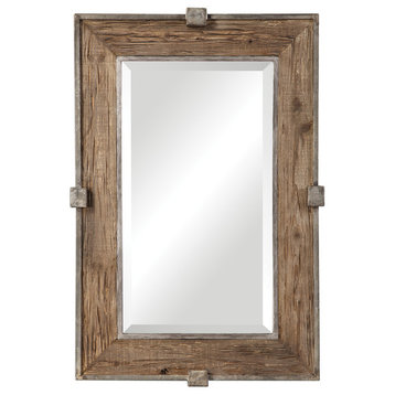 Rustic Weathered Reclaimed Wood Iron Wall Mirror, 37" Vanity Industrial Cottage