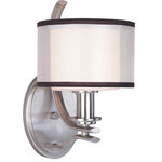Maxim Lighting - Orion 1-Light Wall Sconce Satin Nickel Satin White Glass - Orion collection's sweeping arms formed from oval-shaped Satin Nickel add stark contrast to the charcoal-colored, sheer fabric shades with Satin White interior glass. This contemporary collection works well in both modern and transitional interiors. Hardwire of Plug?: Hardwire Number of Bulbs Used: 1 Type/Wattage of Bulbs: A19 Medium Base 60W Are bulbs included? No UL Listed: Yes