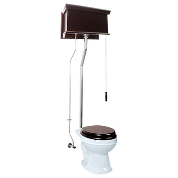 Dark Oak High Tank Pull Chain Toilet Round Bowl with Chrome L-pipe