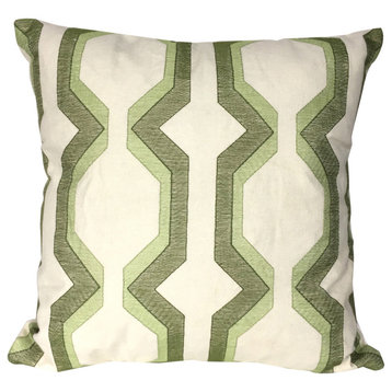 Contemporary Cotton Pillow With Geometric Embroidery, Green And White