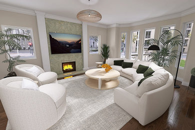 Large minimalist enclosed dark wood floor living room photo with beige walls, a standard fireplace, a stone fireplace and a wall-mounted tv