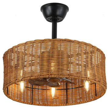 18” Farmhouse Woven Rattan Ceiling Fan Boho low profile Ceiling Fan with Lights, Brown