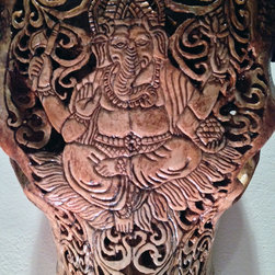 Hand Carved Skull - Water Buffalo, Ganesha Design, Tea Colored - Artwork