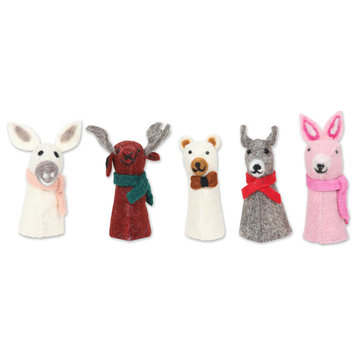 Novica Handmade Barnyard Holiday Wool Felt Bottle Toppers (Set Of 5)
