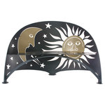 Cricket Forge - Celestial Bench - This gorgeous Cricket Forge Celestial Bench lends organic and mystical flair to your garden, porch or yard to express your singular sense of style while providing comfort and fresh air. The unique future-primitive design blends primal and contemporary looks that flow together like the days and nights they represent, captured in strong 1/4" steel and lovely hues of midnight blue with bronze accents painstakingly applied using a special weatherproof finish. Measures 64"W x 41"H x 28"D. Benches are shipped on a pallet via common carrier.