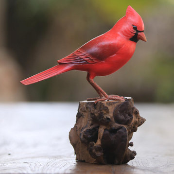 Novica Handmade Perched Virginia Cardinal Wood Sculpture