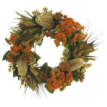 26" Fall Wreath with Hydrangeas, Lilacs and Wheat