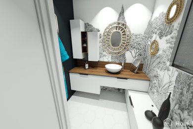 Modelo de cuarto de baño principal, único, flotante y blanco y madera bohemio de tamaño medio sin sin inodoro con puertas de armario de madera en tonos medios, lavabo sobreencimera, ducha abierta y banco de ducha