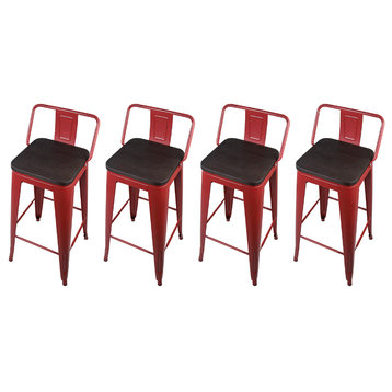 Metal Red Bar Stools With Lowback Wooden Seat, Set of 4
