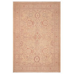 Bareens Designer Rugs - Shabby Chic Ziegler Lani Tan Brown Hand-Knotted Wool Rug - 6'2'' x 8'11'' - Enhance the ambiance of your home with this magnificent Persian-influenced Turkish hand-knotted rug made by skilled artisans capable of creating the most exceptional vegetable dyes and hand-spun wool. This exquisite handmade rug is a one-of-a-kind Peshawar Kafkaz, otherwise identified as Chobi, Chobi Peshawar, Oushak, or Ziegler rug. These handmade rugs are crafted in Pakistan utilizing superior-quality wool imported from Australia, New Zealand, and Korea in two types of weaves: the Persian weave and the Mori weave. This rug is meticulously crafted by hand using the finest natural vegetable dyes extracted from local plants. The artisans use a blend of hand-spun local and fine merino wool, resulting in a rug with a compelling texture, higher lanolin content, and longer staple. The artisans occasionally incorporate natural or artificial silk into the pile to enhance specific motifs. The finished product is an awe-inspiring execution of flawless design and an understated palette that exudes elegance.