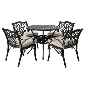 5 Piece Patio Dining Set, Aluminum Table & Cushioned Chairs, Antique Matte Black