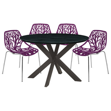 Leisuremod Ravenna 5-Piece Dining Set, Table With Geometric Base, Purple