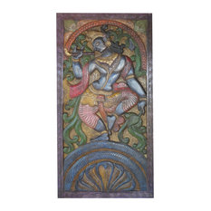 Consigned Vintage Carved Krishna Dance on Snake Kaliya, Barn Door Wall  Panel