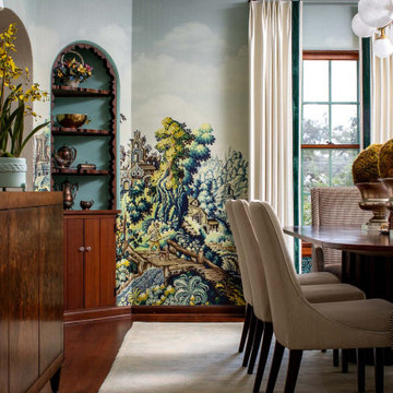 Scenic landscape wallpaper mural in classic dining room