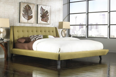 Inspiration for a large contemporary master dark wood floor and brown floor bedroom remodel in Calgary with gray walls and no fireplace