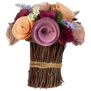 Wooden Floral Artificial Spring Bouquet 9.5" Wine Red and Purple