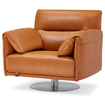 Modern Tampa Swivel Armchair in Orange Genuine Leather with Stainless Steel Base