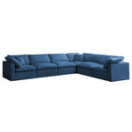 Meridian Furniture - Plush Velvet / Down Standard Comfort L-Shaped Modular Sectional, Navy, 6-Piece: 3 Armless Chair, 3 Corner Chair - No matter how big or little the size of your gang, they can all find their sweet spot when you choose pieces from the Plush collection to build your ideal seating group. Choose this six-piece set or pair multiple pieces together to get the custom look everyone will love. The soft navy velvet material is soft and welcoming to the touch, and the set's cushions are overstuffed with a down and feather blend to provide ample support for tired bodies.