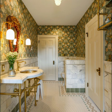 Bathroom with Wainscot and Wallpaper