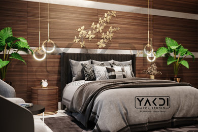 Ejemplo de dormitorio principal minimalista grande con paredes grises, suelo de mármol, suelo gris, casetón y madera