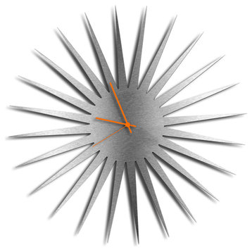 MCM Starburst Clock, Silver/Orange Midcentury Modern Style Wall Clocks