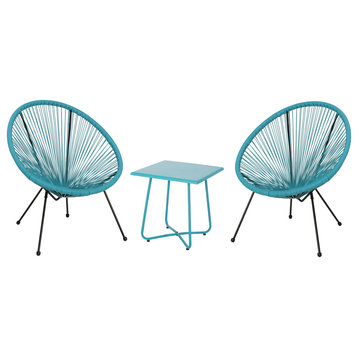 Alexis Outdoor Woven 3 Piece Chat Set, Teal, Black