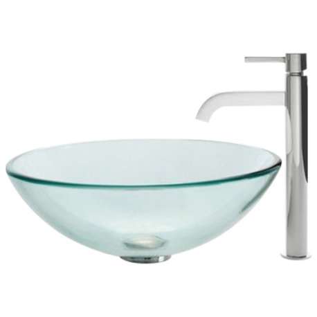 Glass Vessel Sink, Bathroom Ramus Faucet, PU Drain, Mount Ring, Chrome