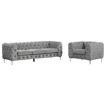 Rebekah 2 Piece Velvet Standard Foam Living Room Set Sofa+Chair, Gray Velvet