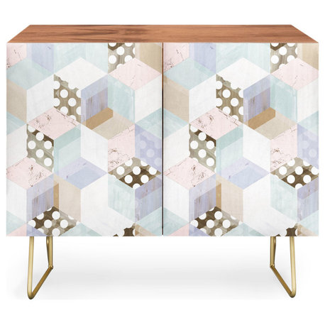 Deny Designs Geometric Pastel Cubes Credenza, Walnut, Gold Steel Legs