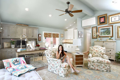 Large eclectic vinyl floor and brown floor family room photo in Other