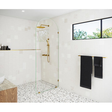 34"x86.75" Frameless Shower Door Arched Single Fixed Panel, Satin Brass