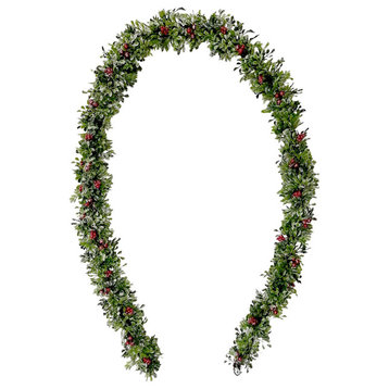 9' Frosted Faux Boxwood Christmas Garland With Red Berries