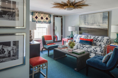 Inspiration for a mid-sized eclectic formal and enclosed carpeted and blue floor living room remodel in New York with blue walls, no fireplace and no tv
