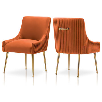 Glam Pleated Velvet Dining Chair Set of 2, Tufted Side Accent Kitchen Chair, Orange