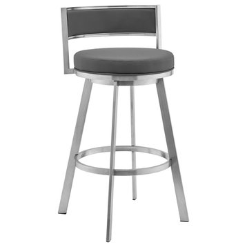Roman 26" Gray Faux Leather and Brushed Stainless Steel Swivel Bar Stool
