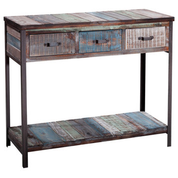 Rustic Console Table, Bottom Shelf & 3 Drawers With Metal Handles, Multicolored