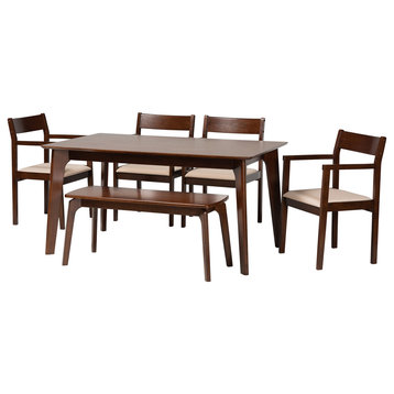 Helene Cream Fabric and Dark Brown Finished Wood 6-Piece Dining Set