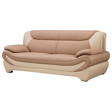 Benzara BM226692 Faux Leather Sofa With Pillow Top Armrest, Beige and Brown