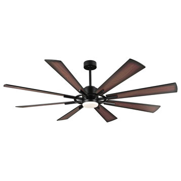 72" Reversible 8-Blade LED Ceiling Fan With Remote and Light, Black/Walnut