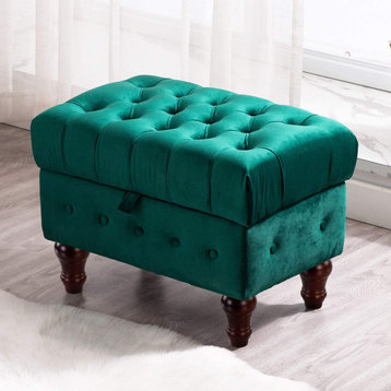 Rectangular Storage Ottoman, Button Tufted Velvet Upholstery Footstool, Green
