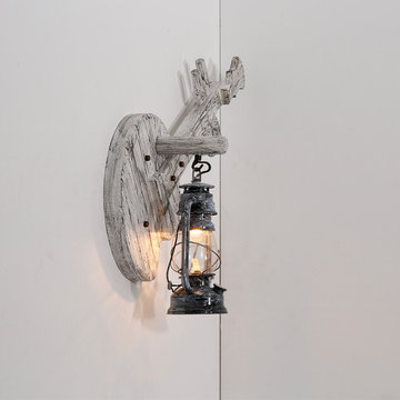 Wooden design lute shape hanging kerosene lamp wall sconce