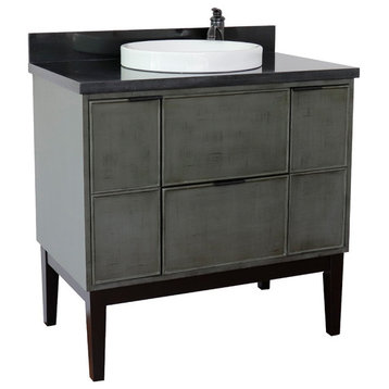 37" Single Vanity, Linen Gray Finish With Black Galaxy Top And Round Sink