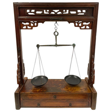 Consigned 19th Century Antique Chinese Apothecary Balance Scale Stand w/ Weights