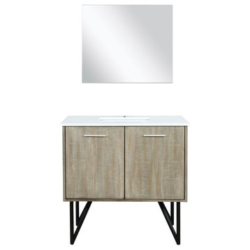 36" Rustic Acacia White Quartz Top, White Square Sink, and 28" Frameless Mirror