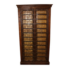 Mogul Interior - Consigned Galloping Horses On Brass Antique Armoire Solid Teak Wood Cabinet - Armoires and Wardrobes