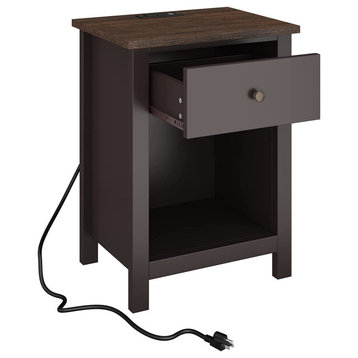 Nightstand with Charging Station, 1-Drawer and Storage Space, Espresso