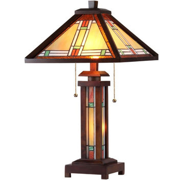 CHLOE Aaron Tiffany 3 Light Mission Double Lit Wooden Table Lamp 15" Shade