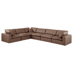 Meridian Furniture - Comfy Upholstered L-Shaped Modular Sectional, Brown, 6-Piece: 3 Armless Chair, 3 Corner Chair, Vegan Leather - Give your space a whole new look with this brown Comfy vegan leather sectional. This handsome sectional fits nicely with other items in the Comfy collection and is a versatile seating option designed for adaptability, comfort and style. Wrapped in rich brown durable vegan leathered upholstery, this sectional offers a plush embrace of overstuffed down feather cushions, carefully crafted to deliver the highest level of comfort. The perfect seat for creating an oasis for relaxation, this sectional has thick foam surrounding its frame for added support and coziness.